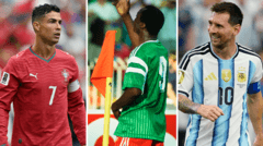 Who is the African World Cup goalscorer older than Ronaldo and Messi?