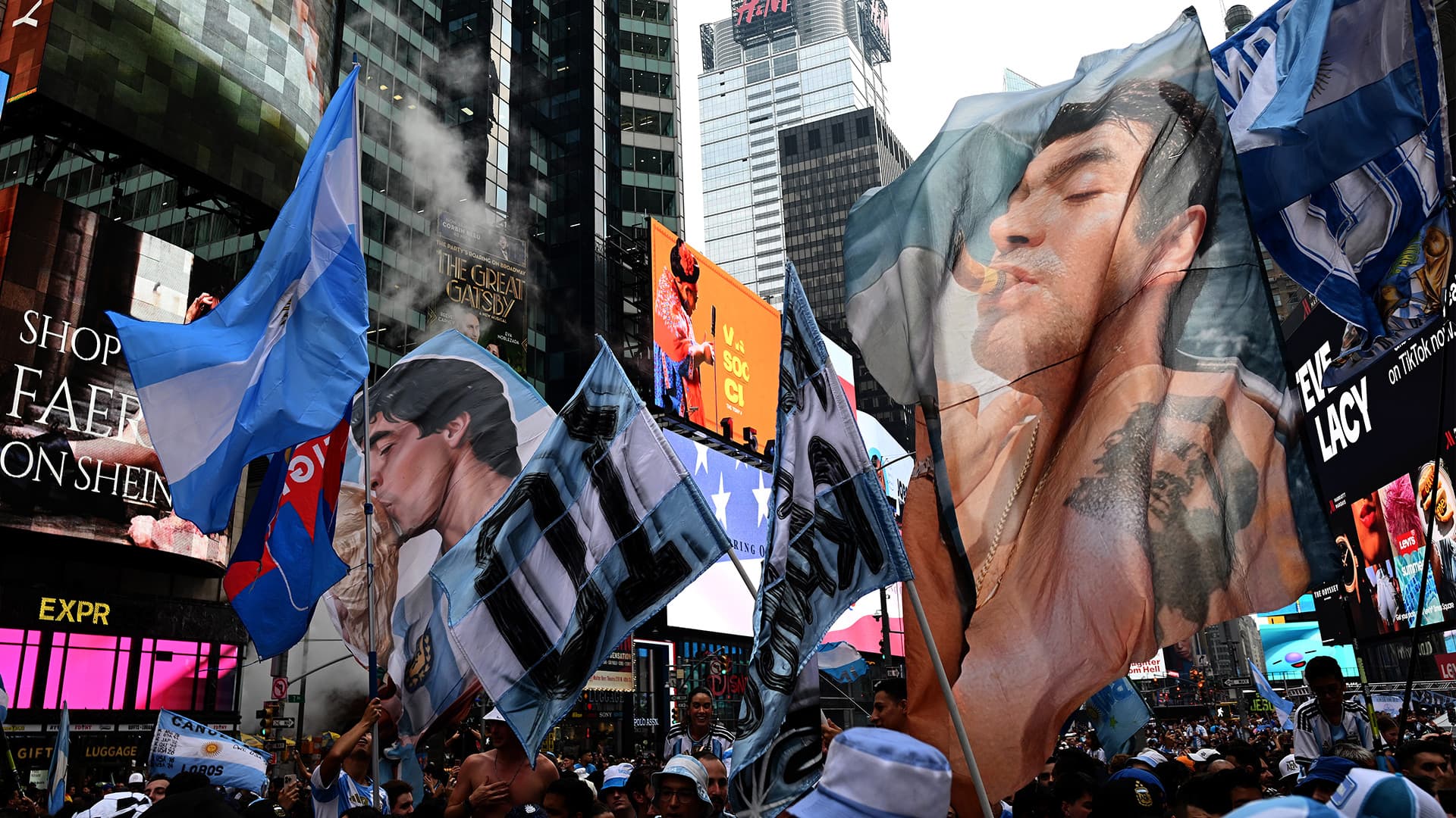 Argentina Fans Party Throughout The Night In Times Square Before World Cup Final